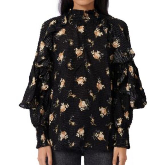 Maje Letril Floral Print Ruffle Long Sleeve Blouse Size Medium - Picture 1 of 9